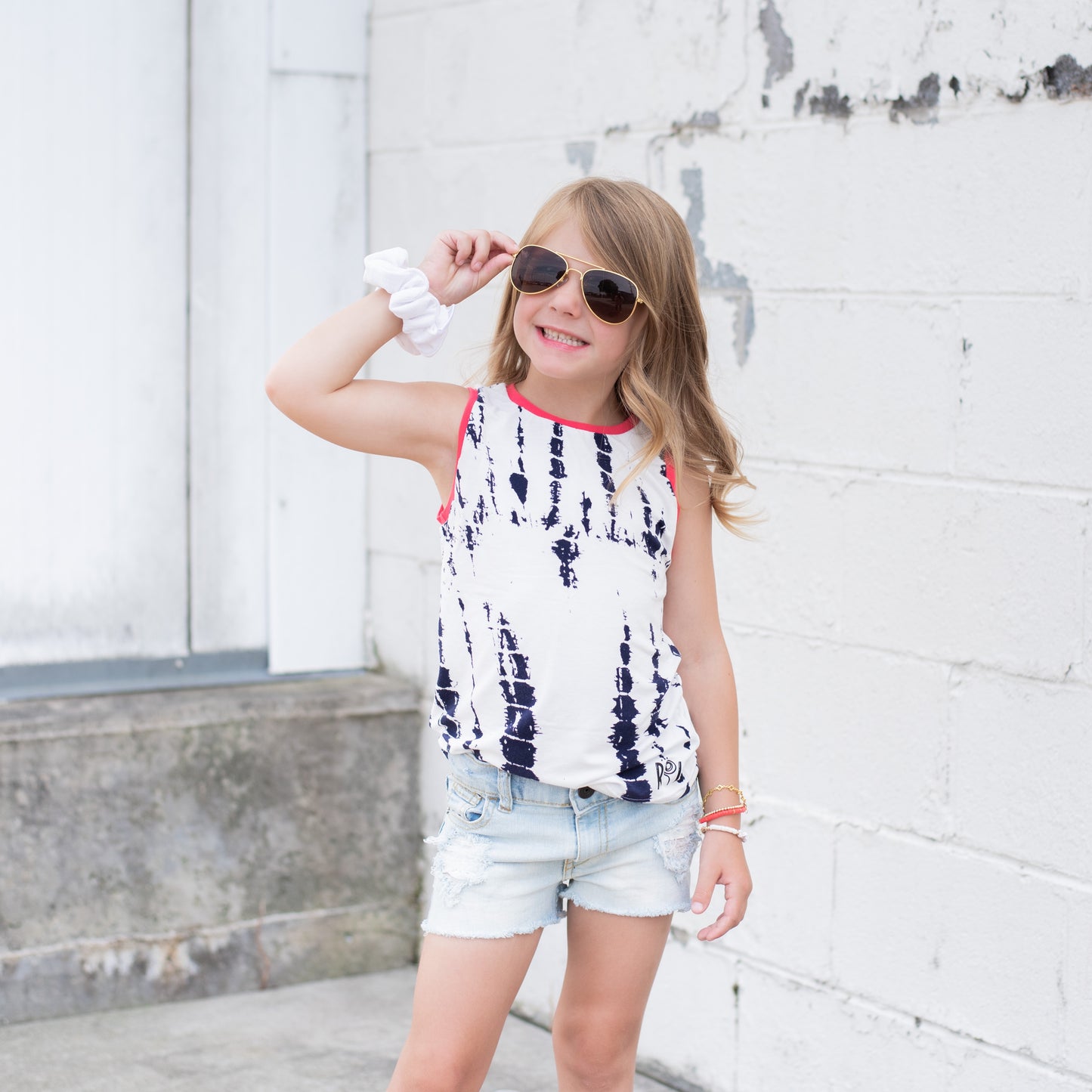 White and Navy Stripy Tie Dye Tank